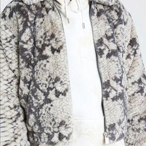 Faux fur snake skin print bomber